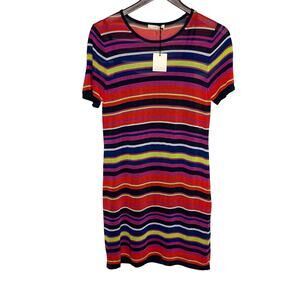 Trina Turk Womens Short Sleeve Bodycon Sweater Dress Large Navy Stripe Lined